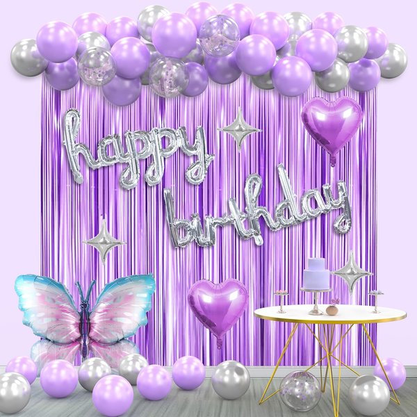 Purple Birthday Party Decorations for Girls Women, Lavender Purple and Sliver Butterfly Party Decor Set Including Happy Birthday Banner, Balloons Arch Kit ,Fringe Curtain Background