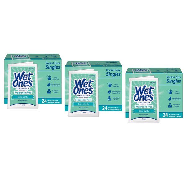 Wet Ones Singles Sensitive Skin Individually Wrapped Hand Moist Wipes -24ct (pack of 3)