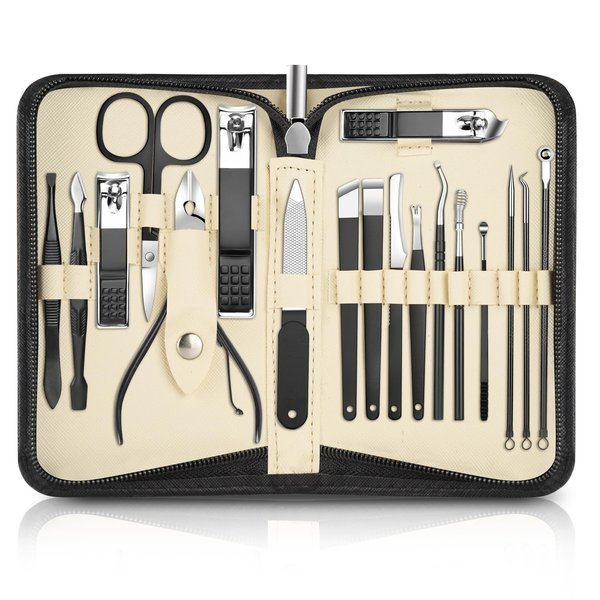 DUAIU Manicure Set, 18pcs Professional Nail Clippers Manicure And Pedicure Kit, Stainless Steel Facial Fingernail Tone Nail Care Kit with Zipper Bag