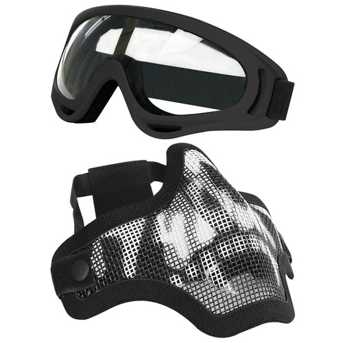 AOUTACC Airsoft Half Face Mask Steel Mesh and Goggles Set, Skull Tactical Masks Protection Gear for Paintball BBS CS Nerf Game Cosplay Halloween Costume Accessories (Black Skull)