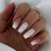 IMSOHOT Long Coffin Press on Nails Pink White Gradient Fake Nails Glitter Ballerina False Nails Glossy Full Cover Acrylic Nails Glue on Nails for Women 24pcs