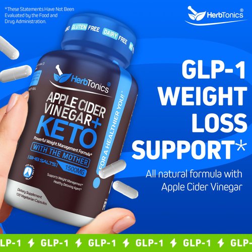 Herbtonics GLP-1 Support Supplement – Apple Cider Vinegar Capsules & Keto BHB | Keto Diet Pills for Women & Men | Supports Appetite & Metabolic Function | 60 Keto ACV Capsules
