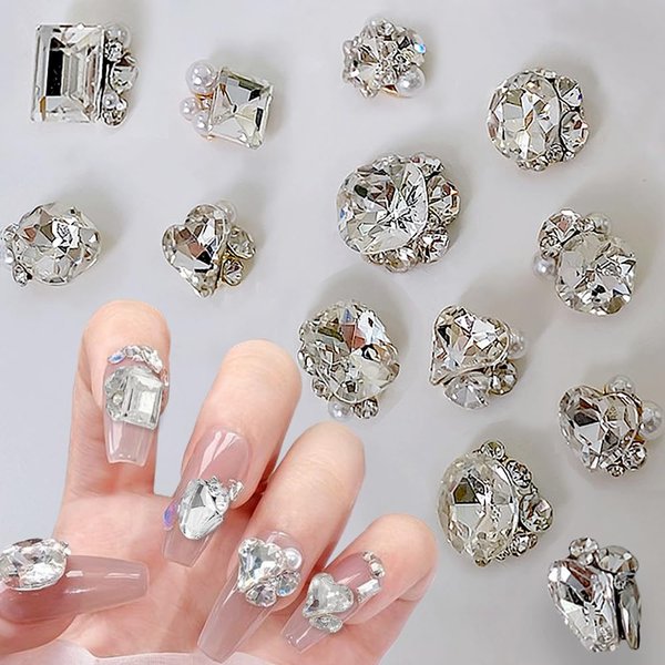 8 PCS 3D Pearls Nail Rhinestones Nail Charms,Luxury Shiny Heart Pearl Gems Nail Charm Clear White Hearts Snowflakes Nail Crystals Diamonds Stones Nails Charms for Women Nail Art Supplies Nail Designs