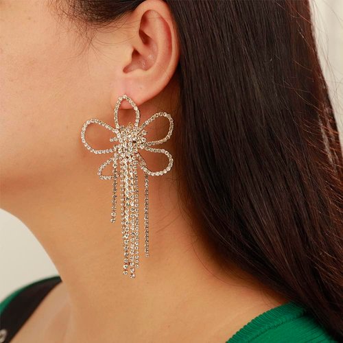 Kercisbeauty Statement Gold Tennis Chain Flower Pendant Chandelier Earrings for Women Girls Wedding Bridal Bling Tassels Jewelry (Gold)