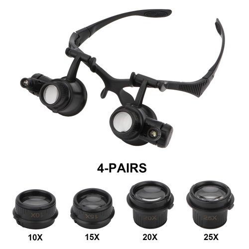 Hands Free Headband Magnifying Glasses Magnifier with Light Jewelers Glasses Eye Loupe with 2 LED Lights 8 Replaceable Lens for Diamond Art Accessories Repair (10X 15X 20X 25X)