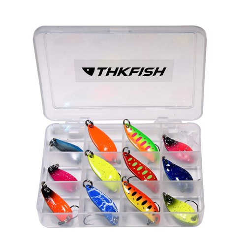 THKFISH Spoon Fishing Lures for Trout Spoons Hard Baits Single Hook Trout Lures Metal Fishing Lures for Char Perch 12Pcs