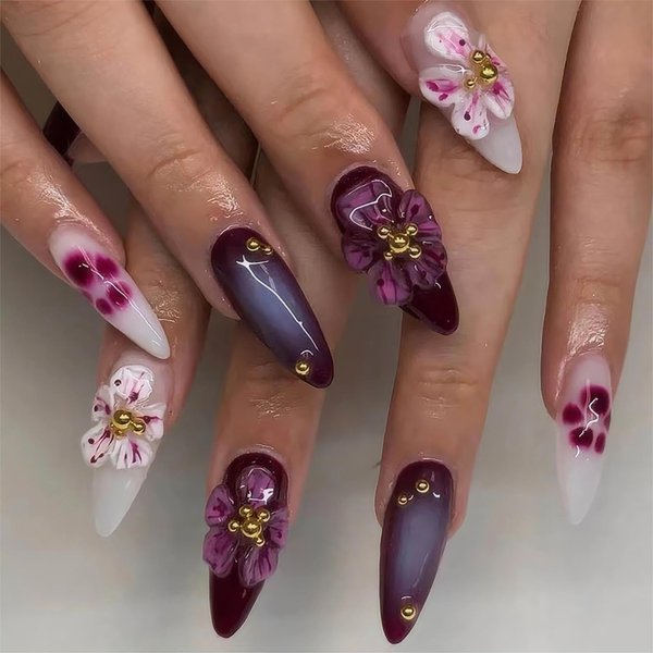 RTKHFZE Almond Fake Nails - Press on Nails Short Purple Gradient Press on False Nails with 3D Flower and Cute Cat's Paw Designs Nails Full Cover Acrylic Nails Stick on Nails for Women Manicure