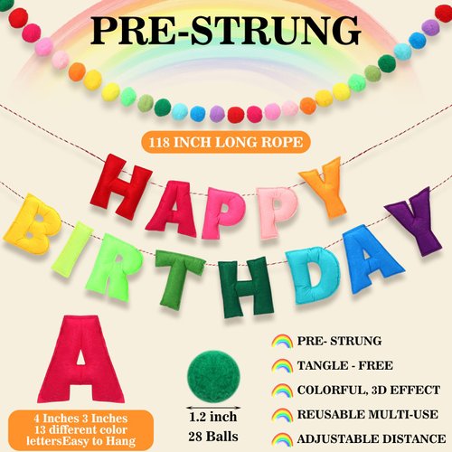 Mindsoft 2 Pcs 118 Inch Pre Strung Happy Birthday Felt Fabric Banner Felt Ball Garland Reusable Natural Handmade Felt Letters & Balls Happy Birthday Sign for Birthday Party Decor(Rainbow Color)