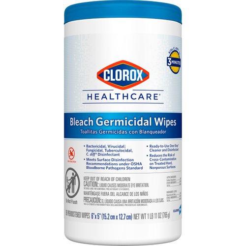 Clorox Healthcare Bleach Germicidal Wipes, 6" x 5", 150 Count Canister (Package May Vary)