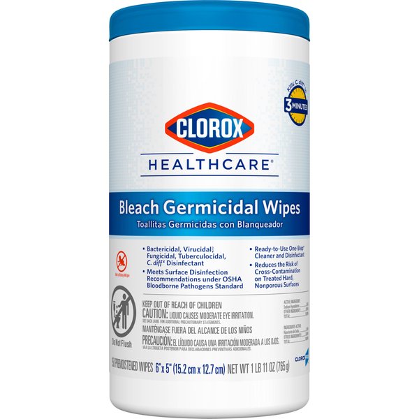 Clorox Healthcare Bleach Germicidal Wipes, 6" x 5", 150 Count Canister (Package May Vary)