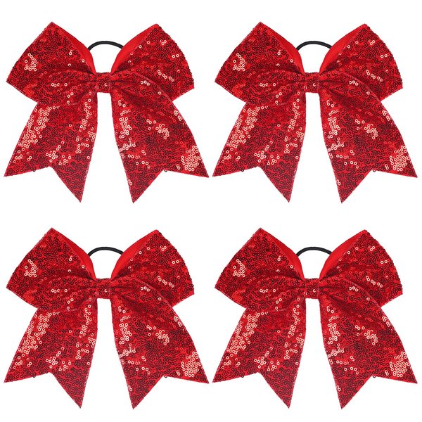 4Pcs Red Bow Hair Ties Happy New Year Hair Ties Shiny Glitter Bows Hair Rubber Bands Ponytail Holder Bowknot Ribbon Hair Ropes for Christmas Hair Accessories for Women Teen Girls (red)