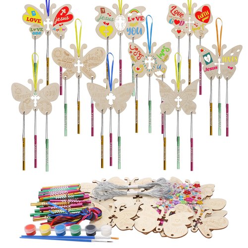 Fennoral 18 Pack Butterfly Wind Chime Kit for Kids Make You Own Religious Wind Chimes Ornaments DIY Coloring Religious Crafts for Sunday School Art Christmas Party Decoration Birthday Gift