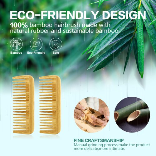 MoyRetty 2 Pieces Bamboo Hair Comb Wide Tooth Brush Handmade of Natural Bamboo Wood Anti-Static For Detangling and Styling Wet or Dry Curly Thick Wavy or Straight Hair For Men or Women