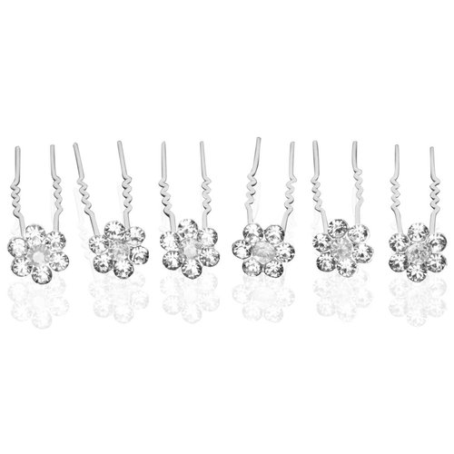 Rhinestone Small Flower Silver Tone Bridal Hair Pins (Pack of 12)