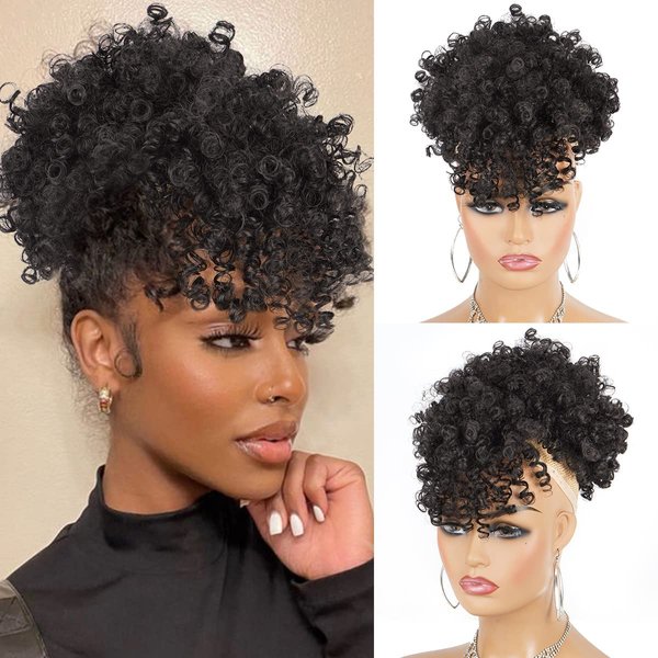 SuyiIRL Afro Puff Drawstring Ponytail with Bangs Drawstring Ponytail for Women Kinky Curly Hair Clip in Bangs Short Ponytail Hair Extensions Updo Hairpieces