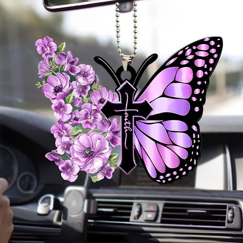 Colorful Butterfly Car Pendant, Flower Pendant Rear View Mirror Decoration, Add Colorful Decorations for Women's Car, Hanging Accessories Indoor Hanging Decorations, Gifts for Your Car(Purple)