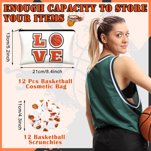 24 Basketball Stuff Set Cosmetic Bags Sport Makeup Bags Pencil Case Portable Storage Case Satin Sport Hair Scrunchies Elastic Hair Bands Basketball Gifts Basketball Accessories for Girl (White, Love)