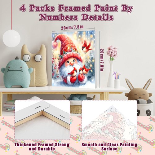 xackcme 4 Pack Christmas Paint by Number for Kids with Wooden Frame-Paint by Numbers for Kids Xmas Ages 4-8-12,Easy Gnome Snowmen Owl DIY Acrylic Oil Painting Kits for Home Wall Decor(8X8inch)
