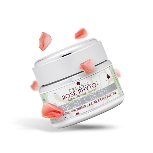 Peak Scents Organic Rose Phyto³ Night Cream with Hyaluronic Acid - Anti-Aging Face Moisturizer for Women - Wrinkle Cream with Rose Water, Vitamin C & E, and Acaí Stem Cells (2 fl. Oz)