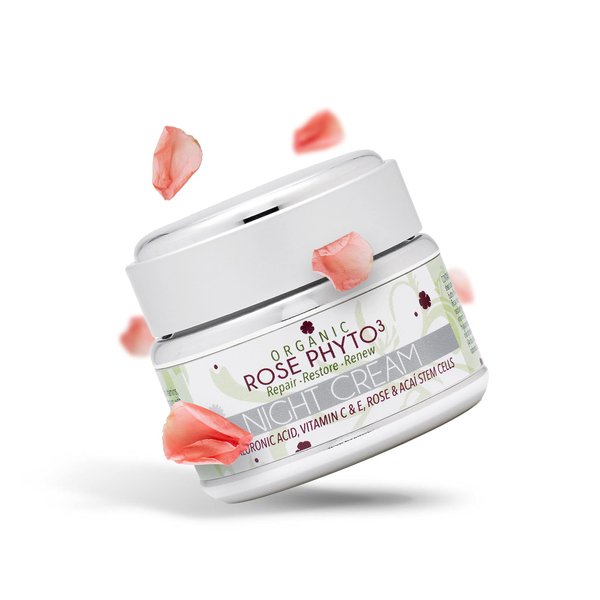 Peak Scents Organic Rose Phyto³ Night Cream with Hyaluronic Acid - Anti-Aging Face Moisturizer for Women - Wrinkle Cream with Rose Water, Vitamin C & E, and Acaí Stem Cells (2 fl. Oz)