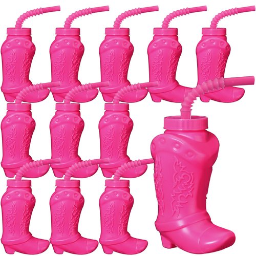 Hoolerry 12 Pcs Cowboy Boot Party Plastic Cups with Straws and Lids 10 Ounces Plastic Cowboy Cups for Western Themed Party Supplies and Rodeo Party Decorations (Hot Pink)