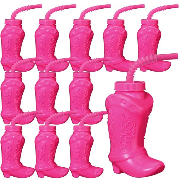 Hoolerry 12 Pcs Cowboy Boot Party Plastic Cups with Straws and Lids 10 Ounces Plastic Cowboy Cups for Western Themed Party Supplies and Rodeo Party Decorations (Hot Pink)