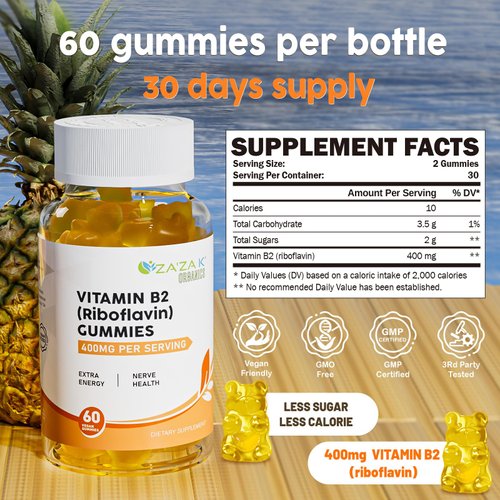 ZA'ZA K ORGANICS Vitamin B2 Gummies - Riboflavin Supplements 400 mg for Kids & Adults, Vegan Essential Vitamin, Energy Support & Nerve Health, 60 Gummies