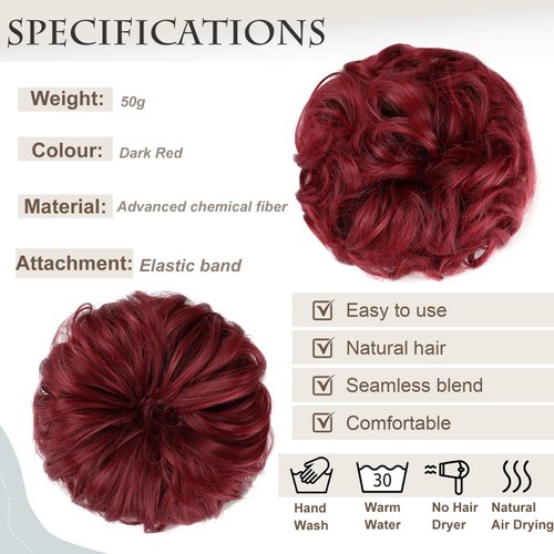 FeidyLong 2 PCS Messy Bun Hair Piece Wavy Curly Scrunchies Synthetic Chignon Ponytail Hair Extensions Thick Updo Hairpieces for Women Girls(Dark Red)