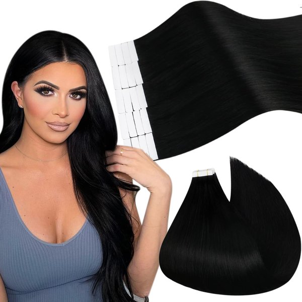 Ugeat Tape in Hair Extensions Human Hair 20Pieces 50g 24 Inch Double Weft Real Human Hair Extensions Seamless Straight Human Hair Extensions for Fashion Women Tape in Extensions #1 Jet Black