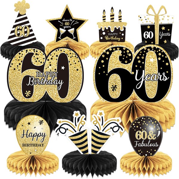 9 Pieces 60th Birthday Decoration 60th Birthday Centerpieces for Tables Decorations Cheers to 60 Years Honeycomb Table Topper for Men and Women Sixty Years Birthday Party Decoration Supplies(60th)