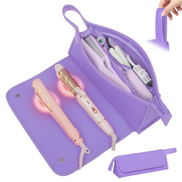 JKAOO Hair Tools Travel Bag and Heat Resistant Mat, 2 in 1 Portable Organizer Hair Travel Case for Curling Iron, Hair Straightener, Flat Irons, PU Hangable Handle, Neoprene (Purple)