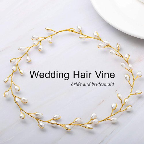 Catery Bride Wedding Headband Pearl Hair Vine Bridal Headpiece Hair Accessories for Women and Girls (Gold)