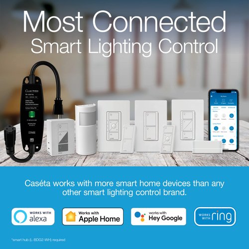 Lutron Caseta Smart Lighting Original Dimmer Switch w/ Pico Remote and Bracket, for LED Lights, Works w/ Alexa, Apple Homekit, Google Home (Hub Required), 150W, No Neutral Required, P-PKG1WB-WH