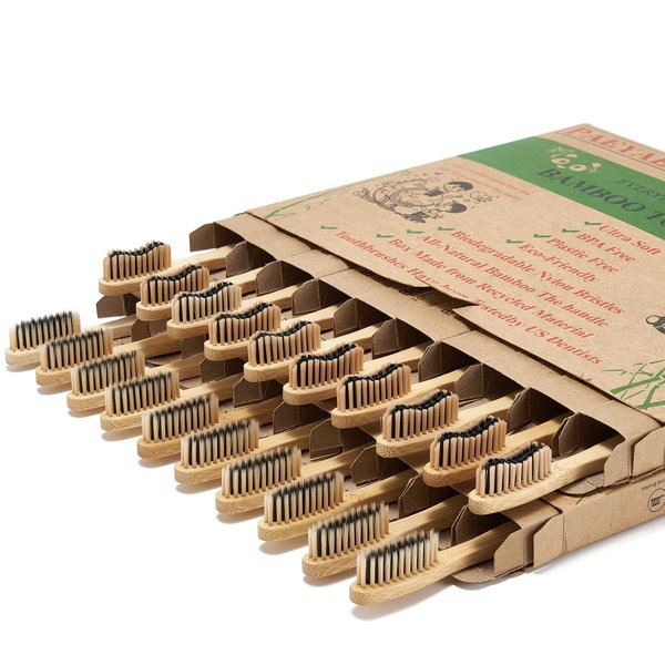 paeyaer 10 Count Bamboo Toothbrushes (Toothbrush Soft+Toothbrush Medium) Charcoal Toothbrushes - Natural Wood Toothbrushes Bulk, Reusable Travel Toothbrushes