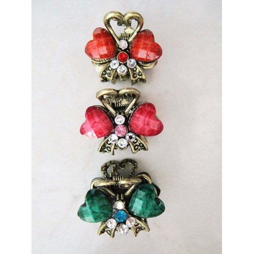 Generic small mini metal heart jeweled antique bronze hair claw clip (Primary color: Green), 1 Count (Pack of 1)