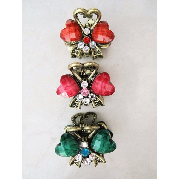 Generic small mini metal heart jeweled antique bronze hair claw clip (Primary color: Green), 1 Count (Pack of 1)