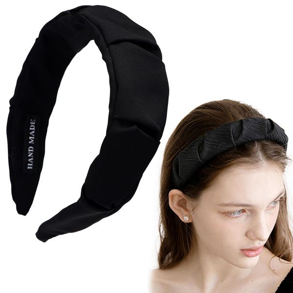 LONEEDY 1.7 Inch Satin Wide Headband for Women and Girls,Lovely Fold Knot Hairband,Fashion Yoga Hair Band Hair Accessories (Black)