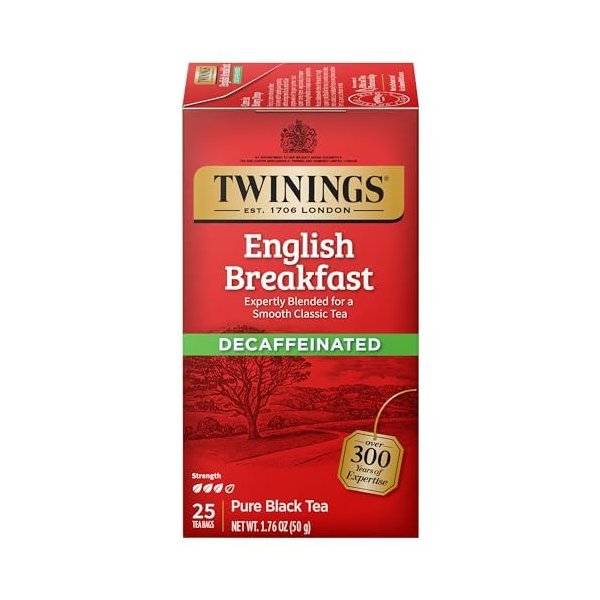 Twinings English Breakfast Individually Wrapped Tea Bags, 25 Count Pack of 6, Decaffeinated Black Tea, Flavourful, Robust