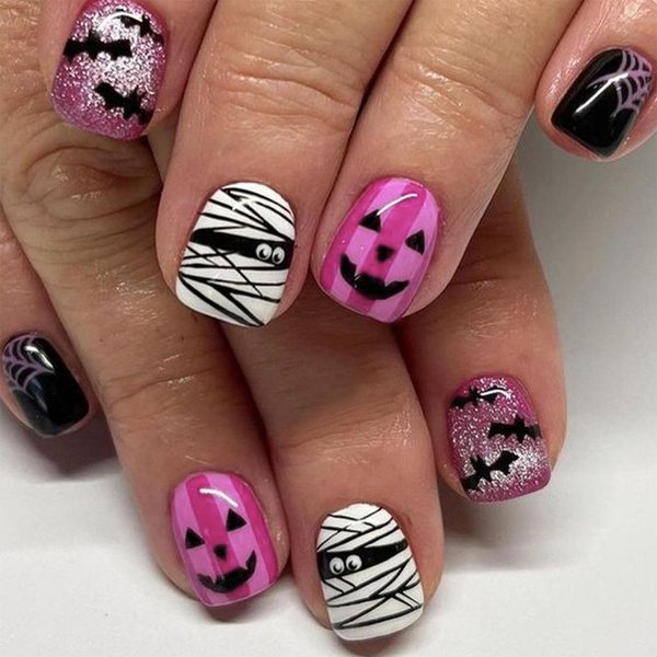 Halloween Press on Nails Short Square Fake Nails Mummy Grimace Designs Halloween Nails Press ons Short Glue on Nails Spider Web Bat Glitter False Nails Black Purple Stick on Nails for Women 24pcs