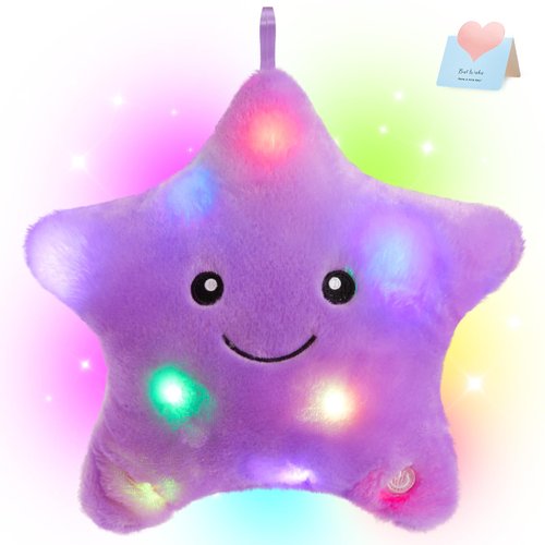 WEWILL 9'' LED Twinkle Star Soft Plush Pillow Toys Glowing Stuffed Star Light up Pillow Plush with Colorful Night Lights Birthday Valentines Gift for Toddler Kids(Purple)