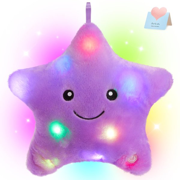 WEWILL 9'' LED Twinkle Star Soft Plush Pillow Toys Glowing Stuffed Star Light up Pillow Plush with Colorful Night Lights Birthday Valentines Gift for Toddler Kids(Purple)