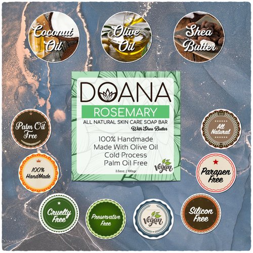 Rosemary Soap Bar - Now With SHEA BUTTER - Vegan, Olive Oil, and Coconut Oil, Palm Oil Free, Powerful Cleanser, Anti-Bacterial and Anti-Fungal Properties