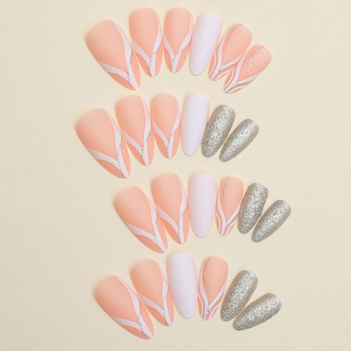 Medium Almond Press on Nails Matte Fake Nails With White & Glitter Line Designs Glitter False Nails White Full Cover Stick on Nails Acrylic Artificial Nails for Women Girls Glue on Nails 24Pcs