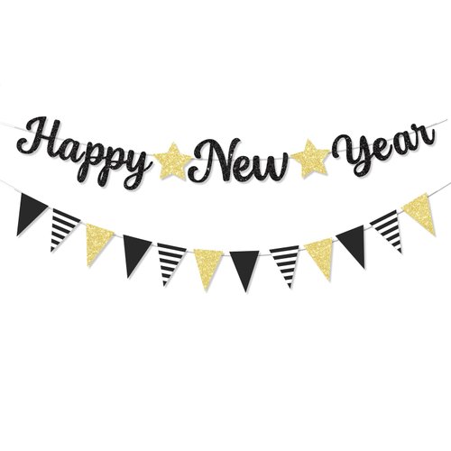 Glitter Happy New Year 2025 Banner Decorations New Years Eve Banner New Years Eve Party Supplies 2025 Happy New Year Sign for Happy New Year Decorations NYE Party Supplies Decorations 2025 Black