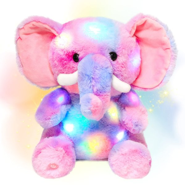 Hopearl LED Plush Elephant Colorful Lighting Up Stuffed Animal Elephish Floppy Night Lights Glow in The Dark Birthday Festival for Kids Toddler Girls, Rainbow, 11''
