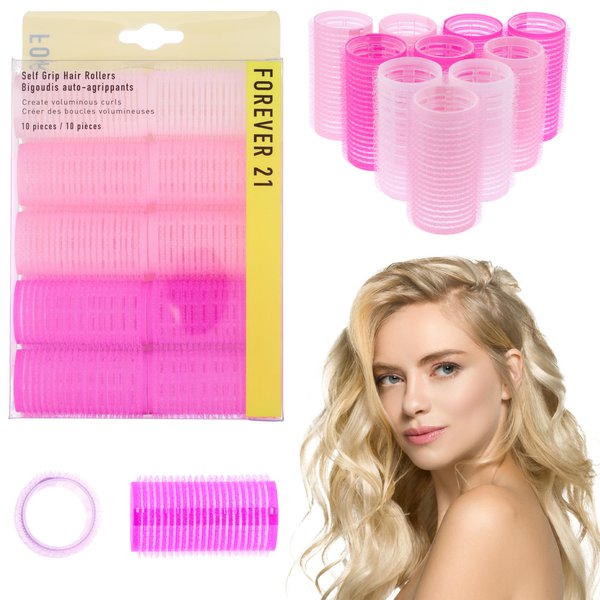 Forever 21 Self Grip Hair Rollers - 10pc Gentle Grip Hair Roller Set for Salon-Style Voluminous Curls at Home (PINK)