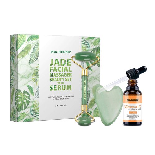 NEUTRIHERBS Jade Roller and Gua Sha Set for Face with Vitamin C Serum (3 in 1 Kit) Facial Massage Skin Care for Eye Puffiness, Skin Tightening