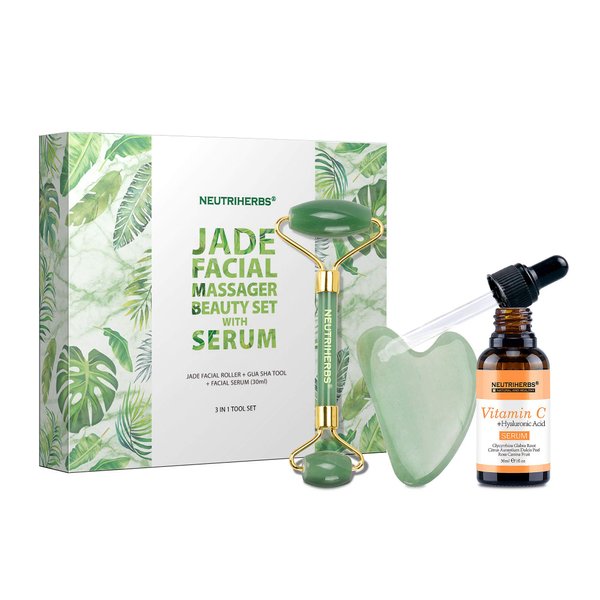 NEUTRIHERBS Jade Roller and Gua Sha Set for Face with Vitamin C Serum (3 in 1 Kit) Facial Massage Skin Care for Eye Puffiness, Skin Tightening