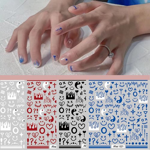 4 Sheets Klein Blue Flame Smile Face Nail Art Sticker Decals ins Minimalist Style Klein Blue Nail Art Sticker Impressionist Lines Star Smile Face for Men and Women Nail Art Decoration (4 Colors)