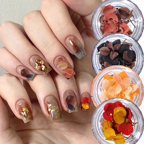4box Fall Nail Stickers for Nail Art Multi Color Dry Flower Nail Art Stickers Kit Autumn Dried Flowers Leaf Mini Real 3D Natural Dry Floral Nail Decals Nail Supplies for Women Girl DIY Nail Decoration